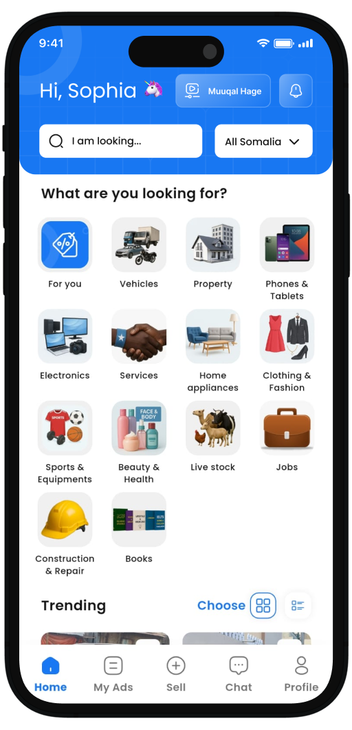 Suuqa app interface showing marketplace items